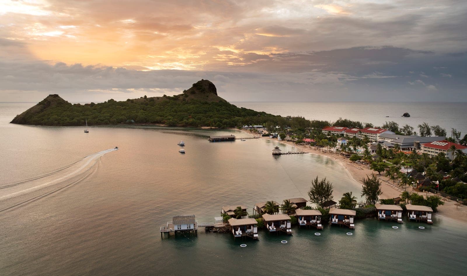 Aerial drone view of the sunset at Sandals Grande St. Lucian