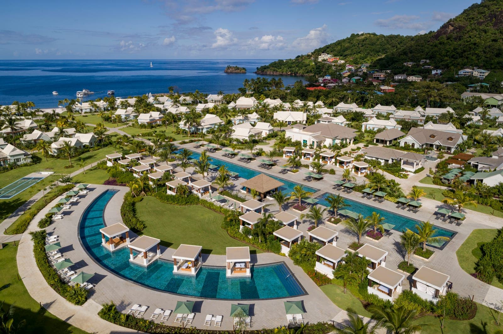 Aerial drone view of the Crescent Main Pool at Sandals Saint Vincent