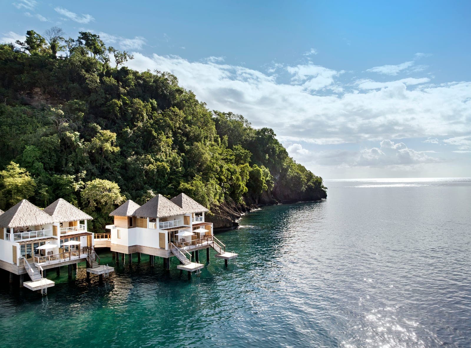 Aerial drone view of the Vincy Overwater Two Story Villas