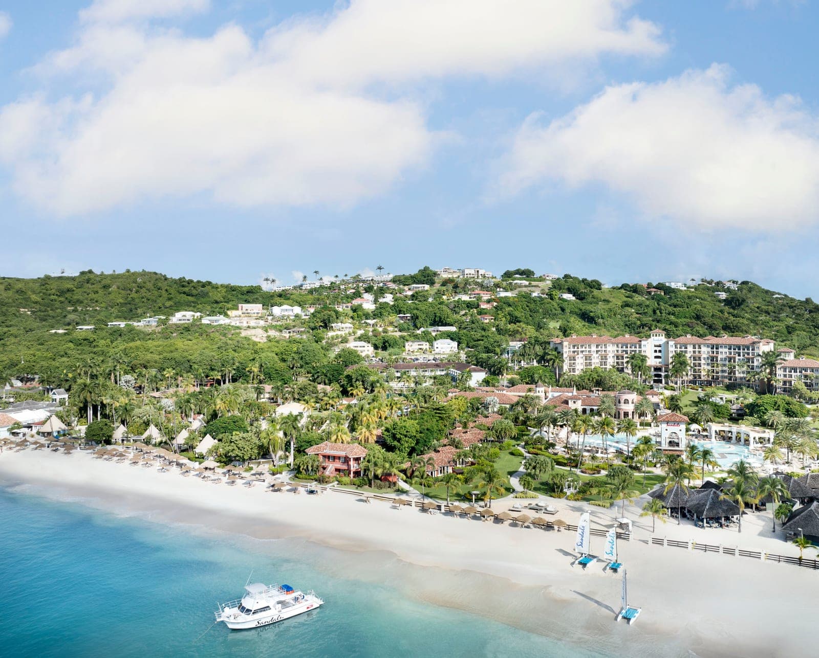 Aerial drone view of the dive boat at Sandals Grande Antigua
