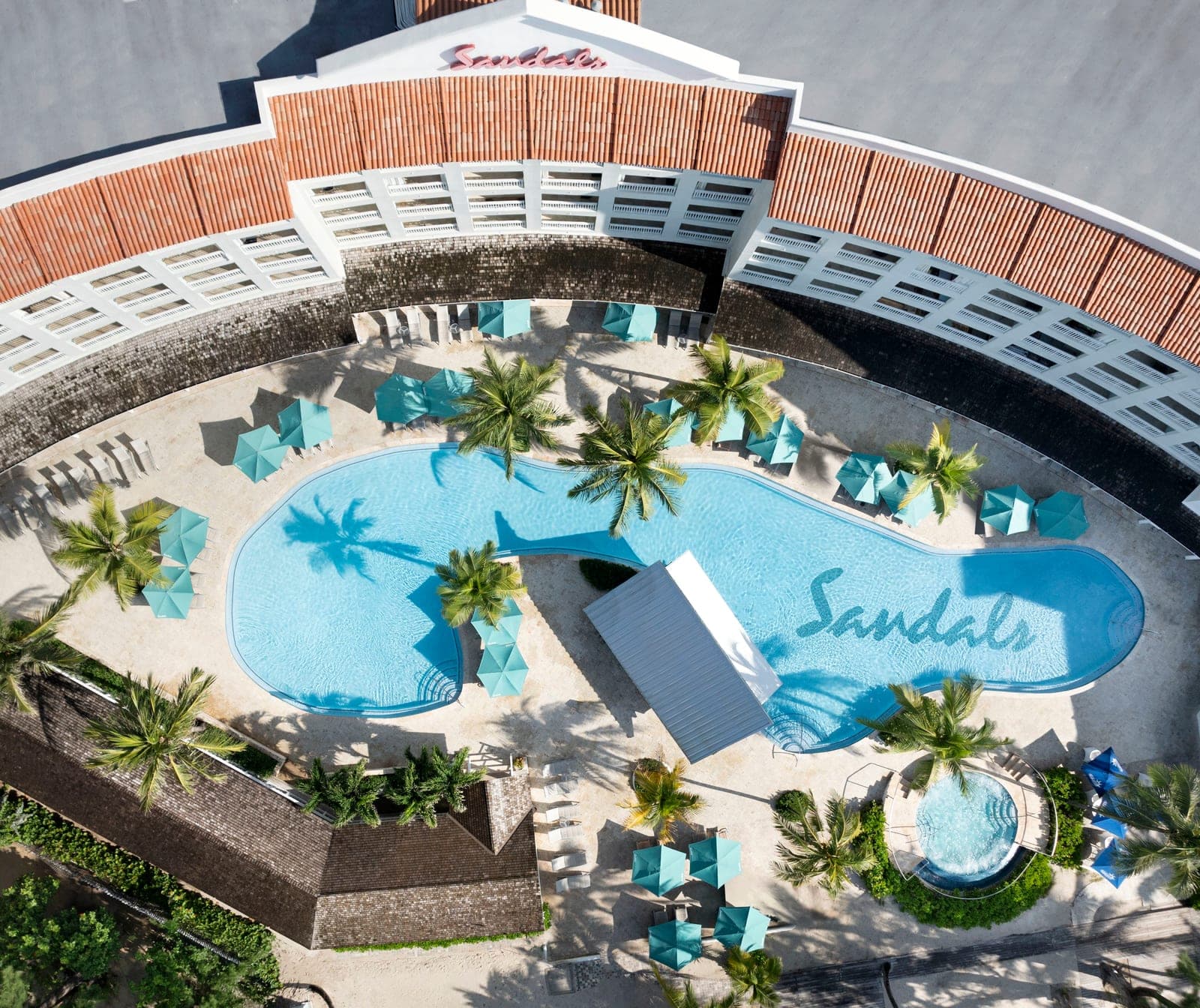 Bird's-eye view of the Calypso Main Swim-up Pool at Sandals Barbados