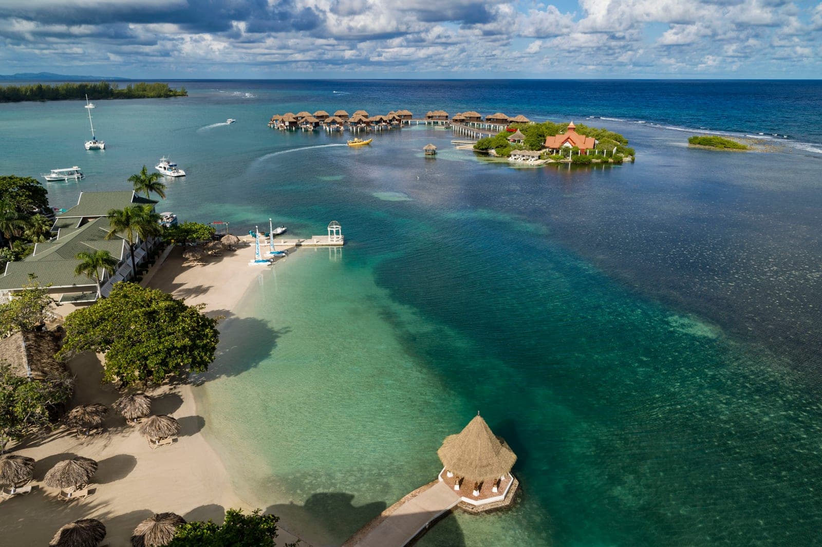 Aerial view of the private offshore island at Sandals Caribbean Cay