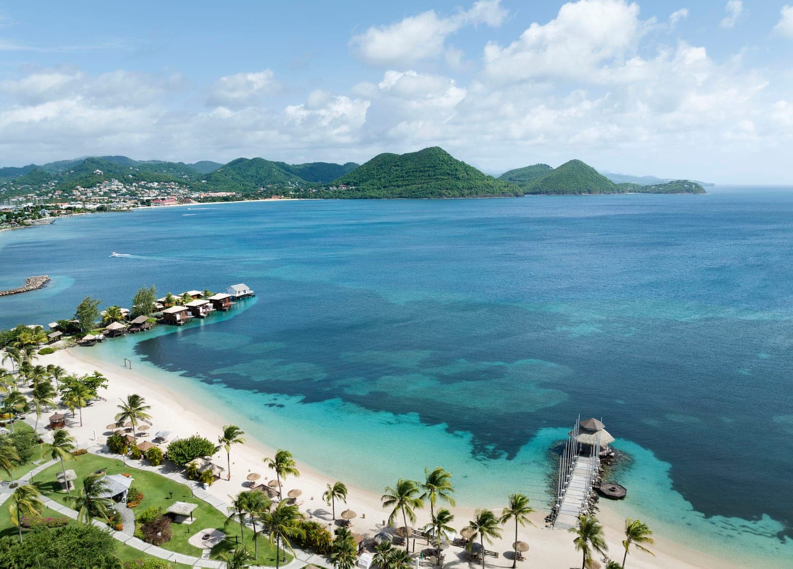 Aerial drone view of the beach at Sandals Grande St. Lucian on Rodney Bay
