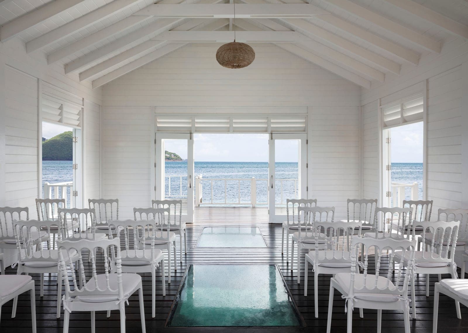 Interior of the overwater wedding chapel at Sandals Grande St. Lucian