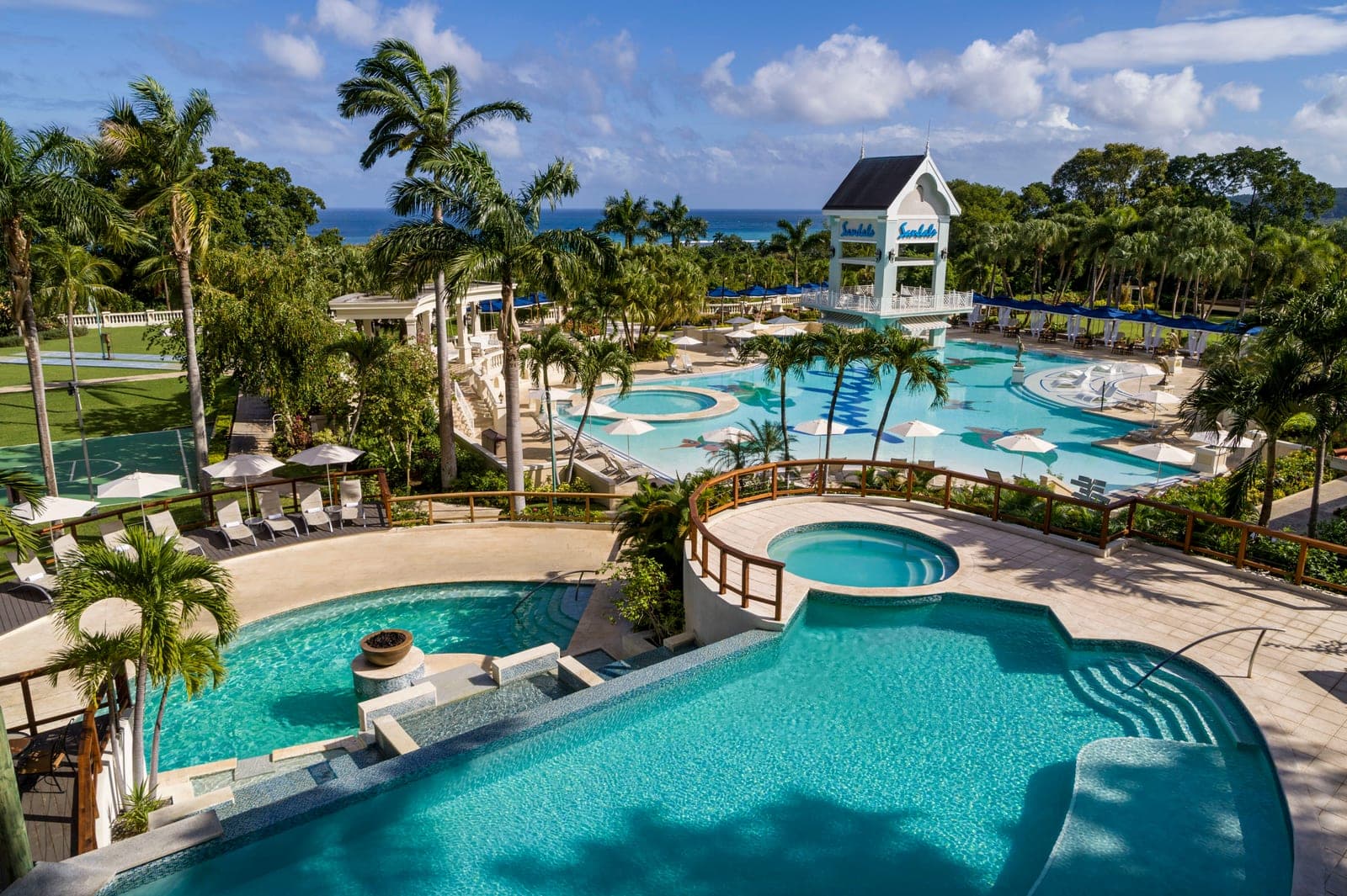 Aerial view of the Great House Main Pool at Sandals Ochi